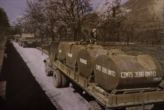 Ten-ton Semi-Trailers with Four 750-Gallon Skid Tanks Loaded with Gasoline, Germany, Central Europe Campaign, Western Allied Invasion of Germany, 1945