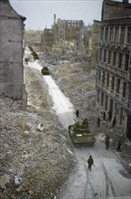 Tank Destroyers moving through Destroyed town of Magdeburg, Germany, Central Europe Campaign, Western Allied Invasion of Germany, 1945