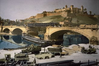 Traffic moving across Main River at Wurzburg, Germany, Central Europe Campaign, Western Allied Invasion of Germany, 1945