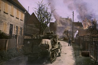 German Civilian, Waving White Flag of Surrender, Coming Toward Half-Track, Geisselhardt, Germany, Central Europe Campaign, Western Allied Invasion of Germany, 1945