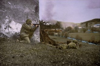 Firing on an Austrian Town across from German Border, Central Europe Campaign, Western Allied Invasion of Germany, 1945