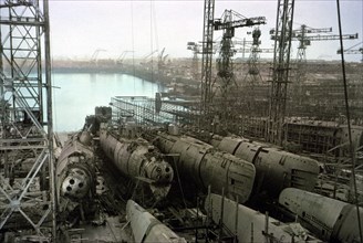 Captured U-Boats in Submarine Construction and Repair Yard, Bremen, Germany, Central Europe Campaign, Western Allied Invasion of Germany, 1945