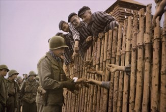 Enlisted Man of Seventh US Army Giving Cigarettes to Liberated Prisoners, Dachau, Germany, Central Europe Campaign, Western Allied Invasion of Germany, April 29,1945