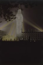 Floodlights Illuminating Big Ben on House of Parliament as Lights go on in London, England, UK, May 8, 1945
