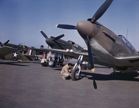 P-51 Fighter Planes Being Prepared for Test Flight, North American Aviation, Inc., Inglewood, California, USA, Alfred T Palmer for Office of War Information, October 1942
