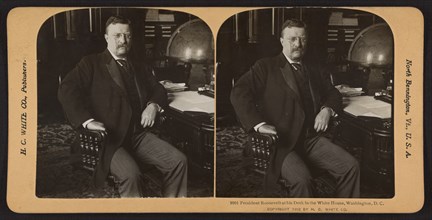 President Theodore Roosevelt at his Desk in the White House, Washington DC, USA, Stereo Card, H. C. White, Co., 1902