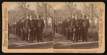 Admiral Dewey and Officers of the Navy, in line at President Roosevelt's New Year Reception, White House, Washington DC, USA, Stereo Card, Underwood & Underwood, 1902