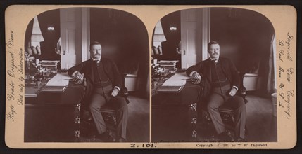 President Theodore Roosevelt at his Desk in the White House, Washington DC, USA, Stereo Card, T. W. Ingersoll, Ingersoll View Company, 1902