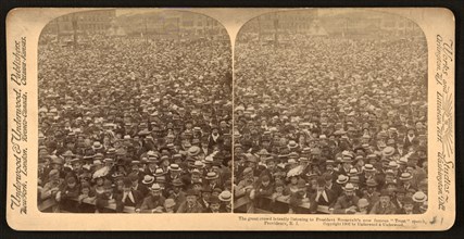 Large Crowd Listening to President Theodore Roosevelt's "Trust" Speech, Providence, Rhode Island, USA, Stereo Card, Underwood & Underwood, October 31, 1902