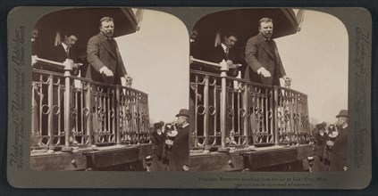 President Theodore Roosevelt Speech from Railroad Car during Western Tour, Lake City, Minnesota, USA, Stereo Card, R. Y. Young, American Stereoscopic Company, 1903