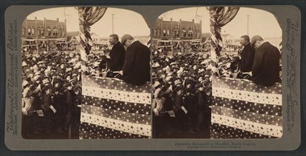 President Theodore Roosevelt during Speech, Mandan, North Dakota, USA, Stereo Card, Underwood & Underwood, 1903
