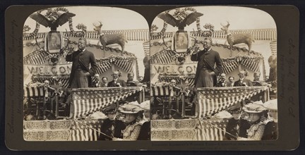 President Theodore Roosevelt Giving Speech during Western Tour, New Castle, Wyoming, USA, Stereo Card, R. Y. Young, American Stereoscopic Company, 1903