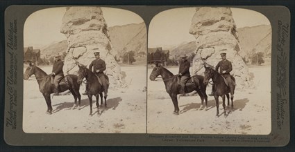 President Theodore Roosevelt's Western Tour, Visiting Liberty Cap, Yellowstone National Park, Wyoming, USA, Stereo Card, R. Y. Young, American Stereoscopic Company, 1903