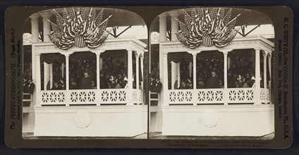 President Theodore Roosevelt Reviewing Passing Troops in Inaugural Procession, Washington DC, USA, Stereo Card, H. C. White, Co., March 4, 1905