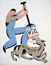 Work Projects Administration Poster, "WPA Rumor", Man with WPA Shovel Attacking Wolf Labeled Rumor, Artist Vera Bock, 1939