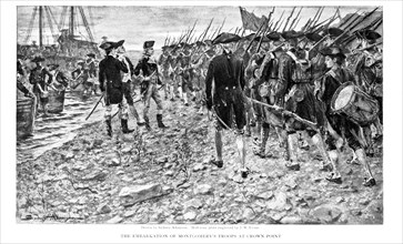 Richard Montgomery and Troops on Shore at Crown Point, New York, en Route for Invasion of Canada, 1775, "The Embarkation of Montgomery's Troops at Crown Point", The Century Illustrated Monthly Magazin...