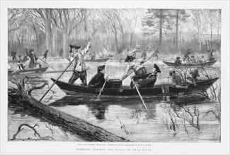 Troops, under Command of Benedict Arnold, at Skowhegan Falls, Maine en Rout to Invasion of Canada, 1775, "Working Against the Flood on Dead River", The Century Illustrated Monthly Magazine drawn by Sy...