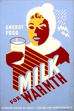 Works Project Administration Poster Promoting Milk, Woman Wearing Winter Clothes Holding Glass of Milk, Cleveland Division of Health, Food and Drug Administration, Federal Art Project, 1941
