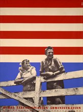 Smiling Boy and Girl Leaning on Fence with Red, White and Blue Background, Rural Electrification Administration, U.S. Department of Agriculture, Poster, Lester Beall, 1930's
