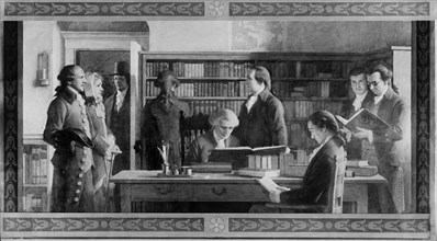 Benjamin Franklin Opening First Subscription Library, Philadelphia, Pennsylvania, Painting Charles E. Mills