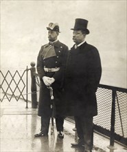 U.S. President Theodore Roosevelt with Prince Henry of Prussia on Deck of Kaiser Wilhelm III's Imperial Yacht, Meteor III, during Yacht's Christening Ceremony, Shooters Island, New York, USA, by Georg...