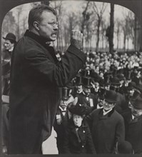U.S. President Theodore Roosevelt Addressing Student Body, Northwestern University, Evanston, Illinois, USA, Stereo Card, American Stereoscopic Company, April 2, 1903