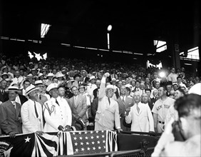 U.S. President Franklin Roosevelt Throwing out First Ball before Major League Baseball's All-Star Game, Griffith Stadium, Washington DC, USA, Harris & Ewing, July 7, 1937