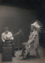 Mountain Chief, Piegan Native American Indian, Listening to Recording with Ethnologist Frances Densmore, 1916