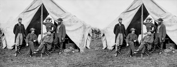 Group Portrait of (seated) R. William Moore, Allan Pinkerton, (standing) George H. Bangs, John C. Babcock, Augustus K. Littefield, Battle of Antietam, Stereo Card, Alexander Gardner, September 1862