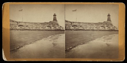 Lighthouse and U.S. Flag at Fort Sumter as seen from Beach at Morris Island, Charleston, South Carolina, Stereo Card, 1865