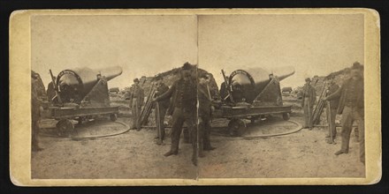 Group of Union Soldiers and Parrot Rifle, Battery Chatfield, Morris Island, South Carolina, USA, Samuel A. Cooley, Stereo Card, 1865