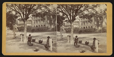 Two African American Boys Sitting on Bench with Three Baskets on Battery at Meeting Street, Charleston, South Carolina, USA, Stereo Card, 1860's