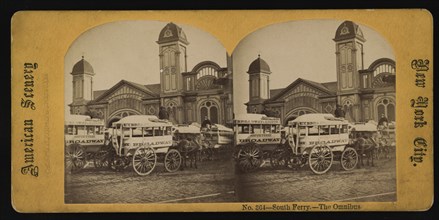 Horse-Drawn Omnibuses in front of South Ferry Terminal, New York City, New York, USA, George Stacy, Stereo Card, 1865
