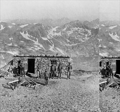 Group of Men in front of Dolly Varden Mine, Mount Lincoln, South Park, Colorado, USA, William Gunnison Chamberlain, Stereo Card, 1878