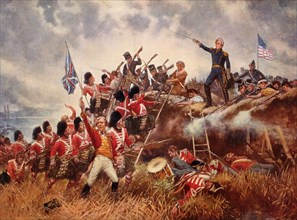 Andrew Jackson Standing in front of American Flag with Sword Raised during Battle of New Orleans, 1815, Reproduction of Painting by E. Percy Moran, 1910