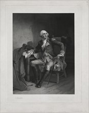 General George Washington, Seated Portrait Holding Letter from Reverend Jacob Duche, Begging Washington to Negotiate for Peace with the British, Valley Forge, 1777 Engraving by Edward S. Best after 18...