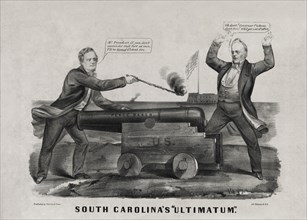 South Carolina's "Ultimatum", South Carolina Governor Francis Pickens and U.S. President James Buchanan negotiating Possession of Fort Sumter, Illustration, early 1861