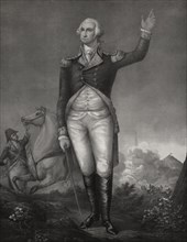 George Washington (1732-99), on Battlefield with Sword in Right Hand While Raising Left Hand Above his Head, Lithograph, 1840
