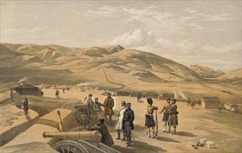 Highland Brigade Camp, Looking South, Artillery Soldiers and Cannons with Campsite in Background, Balaklava harbor in Background on Right, Crimean War, Lithograph by Thomas Pickens after Drawing by Wi...