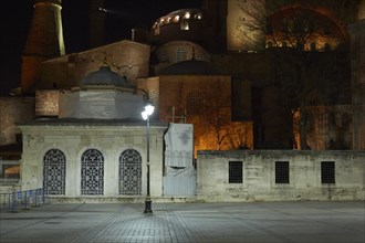 Hagia Sophia with Illuminated Lamppost at Night, Istanbul, Turkey