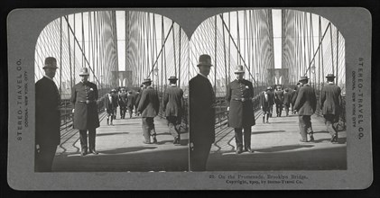 Group of People on Promenade, Brooklyn Bridge, New York City, New York, USA, Stereo Card by Stereo-Travel Co., 1909
