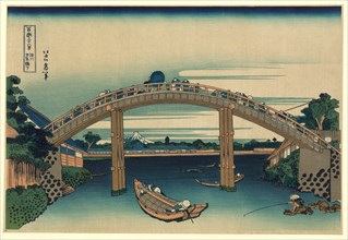 Pedestrians Crossing High-arched Bridge Spanning River with Fisherman and Boat in Foreground, Mount Fuji in Background, by Katsushika, Hokusai, late 1820's