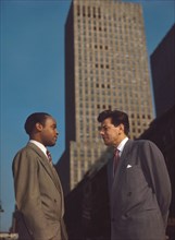 Portrait of Joe Marsala (right) Talking with Unidentified Man, West 52nd Street, New York City, New York, USA, William P. Gottlieb Collection, 1948