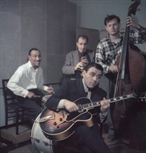 Portrait of Jimmy Crawford (far left on drums), New York City, New York, USA, William P. Gottlieb Collection, 1948