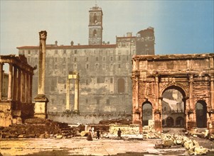 Temple of Saturn and Triumphal Arch of Septimus Severus, Rome, Italy, Photochrome Print, Detroit Publishing Company, 1900
