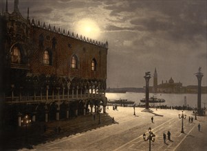 Piazzetta and San Giorgio by Moonlight, Venice, Italy, Photochrome Print, Detroit Publishing Company, 1900