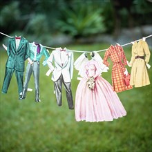 Paper Doll Clothing Outfits Hanging on Line