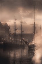 Tall Ships in Foggy Harbor, Gloucester, England, United Kingdom