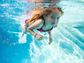 Girl Swimming Underwater in Pool, Close-Up