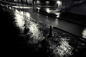 Flooding by Seine River at Night, Paris, France